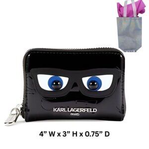 Designer Karl Lagerfeld Faux Patent Leather Compact Zip Wallet NWT With Gift Bag
